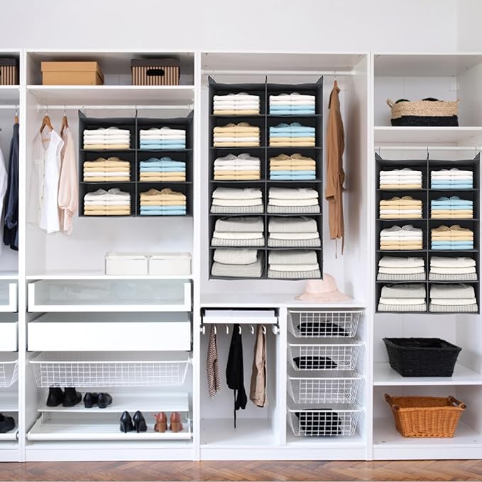 4 Tier Shelf Hanging Closet Organizer, Dual-Row 8 Pocket Cloth Hanging Shelf with 3 Sturdy Hooks for Storage, Foldable (Grey)