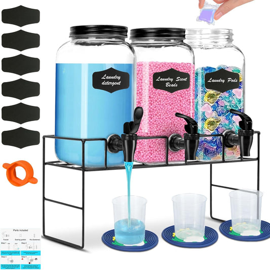 3-Pack 2.2L Glass Laundry Detergent Dispenser Set with Stand - Premium Liquid Soap Dispenser with PP Spigots, Measuring Cups, and Chalkboard Labels for Laundry Room Organization and Storage
