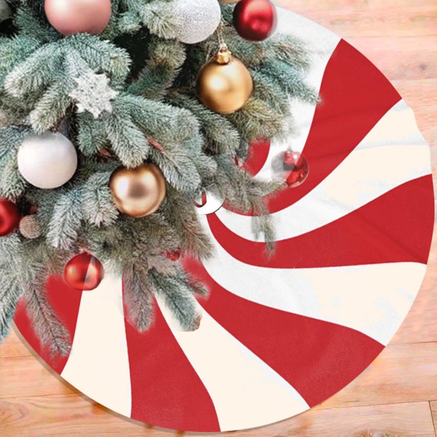 36" Large Christmas Tree Skirt, Red and White Peppermint Candy Round Pattern Tree Mat Base Cover for Xmas Festive Holiday Party Decoration Ornaments