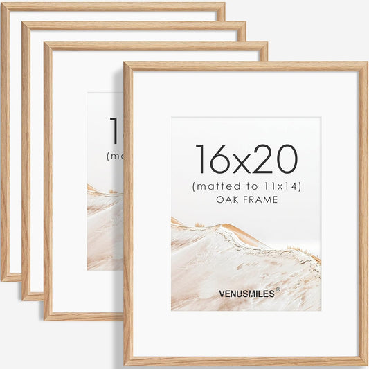 16x20 Picture Frame Set of 4 Natural Solid Oak Photo Frames with 11x14 Removable Mat Wall Hanging Large Handcrafted Frame with HD Plexiglass Wall and Tabletop Display Large Poster Frame