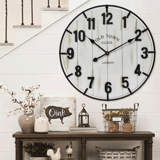 Large Old Town Farmhouse Wall Clock – 24 Inches Rustic Antique Wood with Metal Circle and Large Numerals, Silent Battery Operated Clock for Office, Kitchen, Bedroom, Living Room (Washed White)