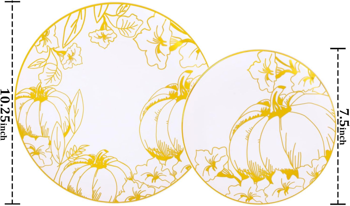 FLOWERCAT 60PCS Thanksgiving Plates & Gold Pumpkin Plates - Including 30PCS 10.25inch Thanksgiving Dinner Plates and 30PCS 7.5inch Thanksgiving Dessert Plates for Giving Thanks Theme Party