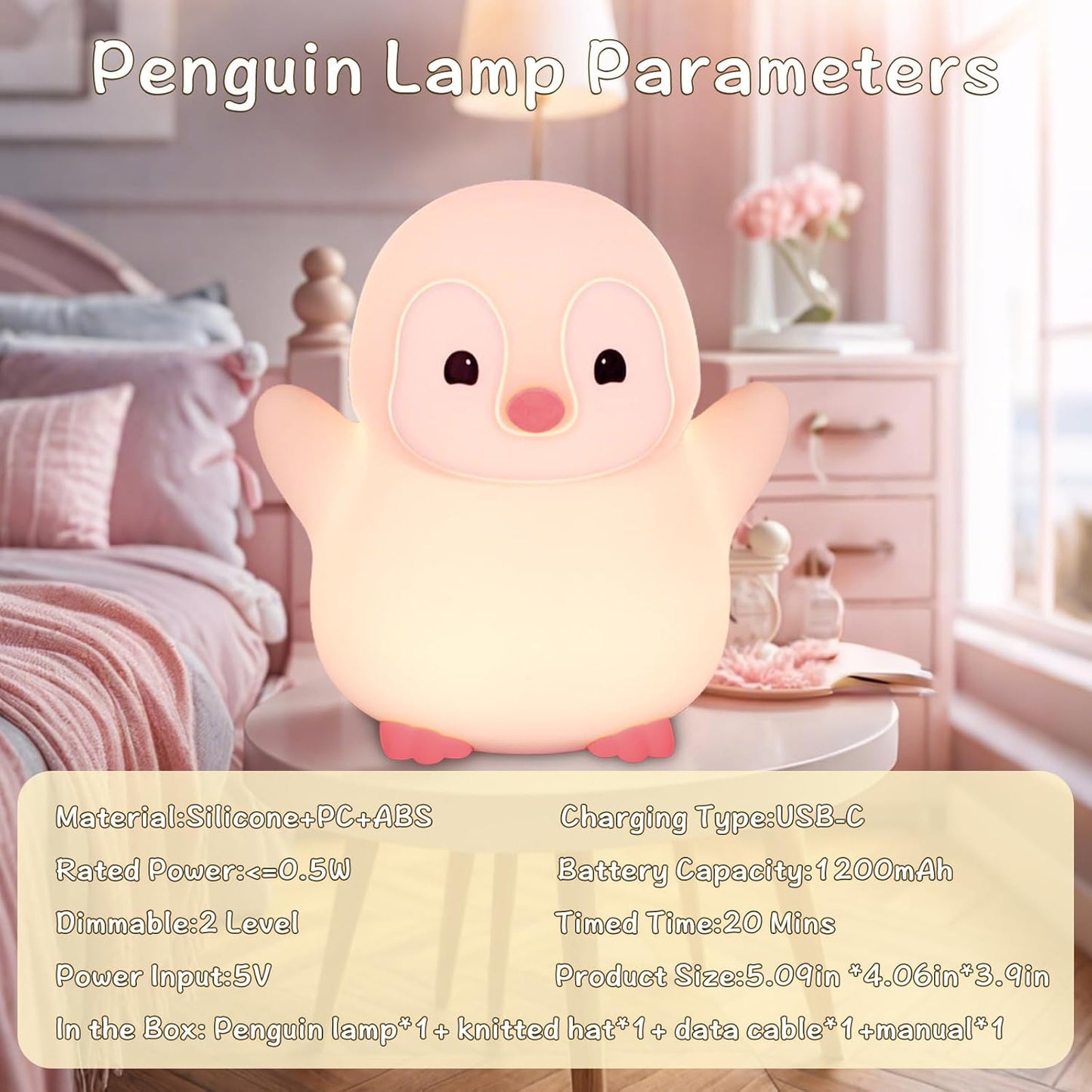 Pink Penguin Night Light,Food Grade Soft Silicone Nursery Nightlight for Baby,LED Squishy Novelty Animal Bedside Lamp,Rechargeable/Dimmable/Timer,Funny Gifts for Kids Girls Adults Teens