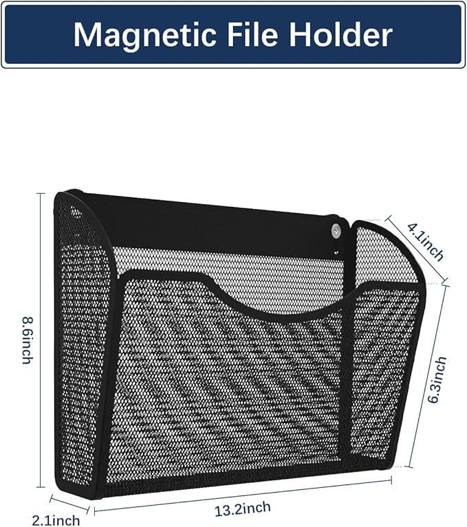 3 Pack 1-Tier Magnetic File Holder - No Drilling Installation File Organizer, Large Capacity Magnetic File Holder for Refrigerator, File Cabinets, Whiteboard, Office, Kitchen