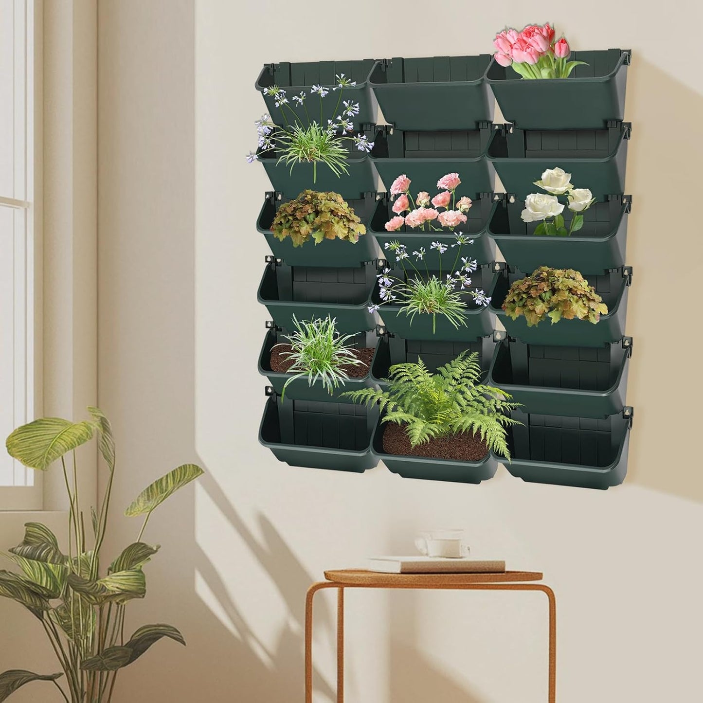 18Pcs Vertical Wall Planter, 13 inch Wall Mounted Garden Planters, Plastic Wall Hanging Planter with Drainage Holes, Wall Planters for Patio Outdoor Decor, Balcony Plant Hanging Flowerpot (Green)