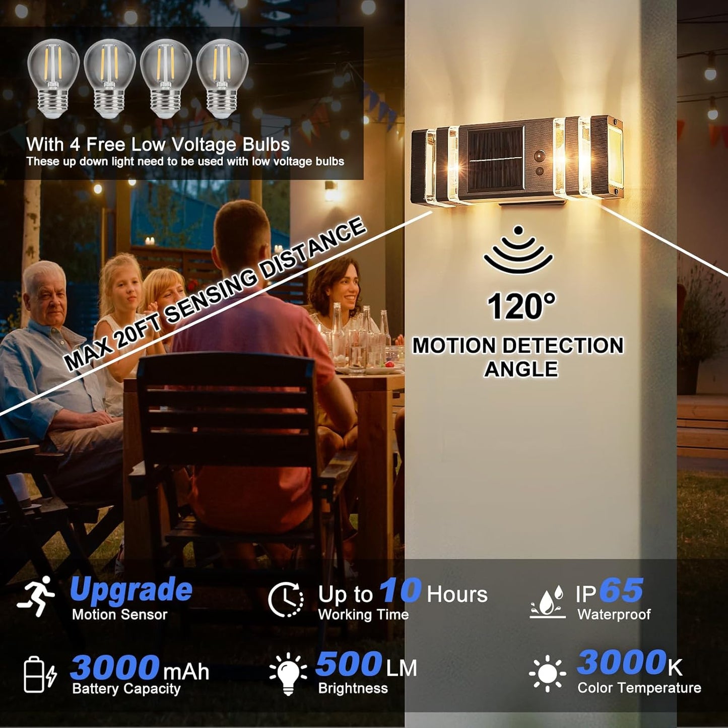 2 Pack Solar Outdoor Wall Lights with 3-Mode Motion Sensor Outside Sconces Up Down Solar Porch Light Fixtures 3000K 500LM Dusk to Dawn Modern Exterior Wall Lamp for House Garage Front Door