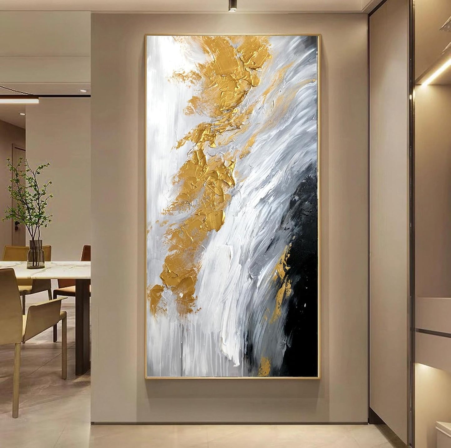 Large Gold Abstract Oil Painting on Canvas for Entrance-Hall, Hand Painted White and Black Wall Art for Living Room,Modern Framed Wall Picture for Bedroom Kitchen Home Decoration 28x56inch