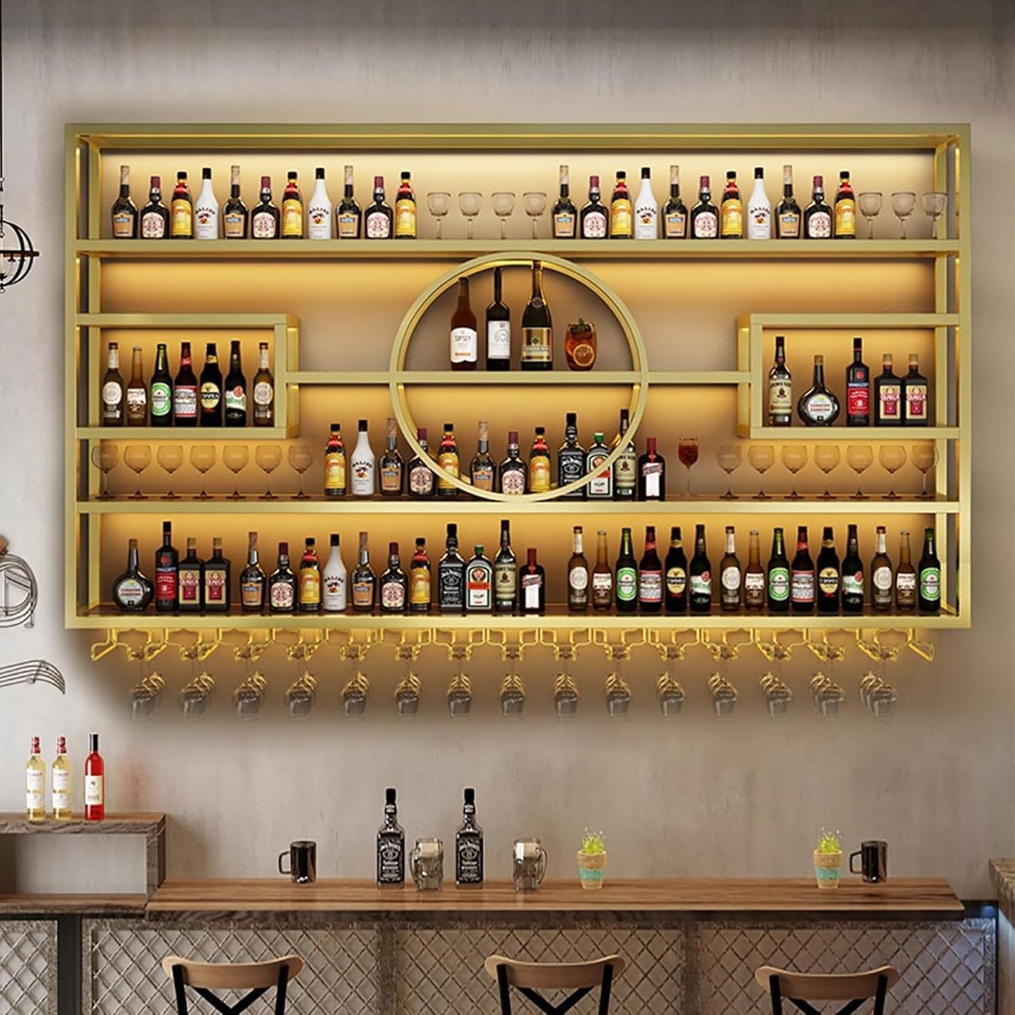 47.2in Wall Mounted Wine Rack, Modern Metal Wine Bottle and Glass Holder, Iron Display Stand Decorative Wine Rack, for Bar Living Room Dining Room Background (Gold, 47.2 * 8 * 51INCHES)