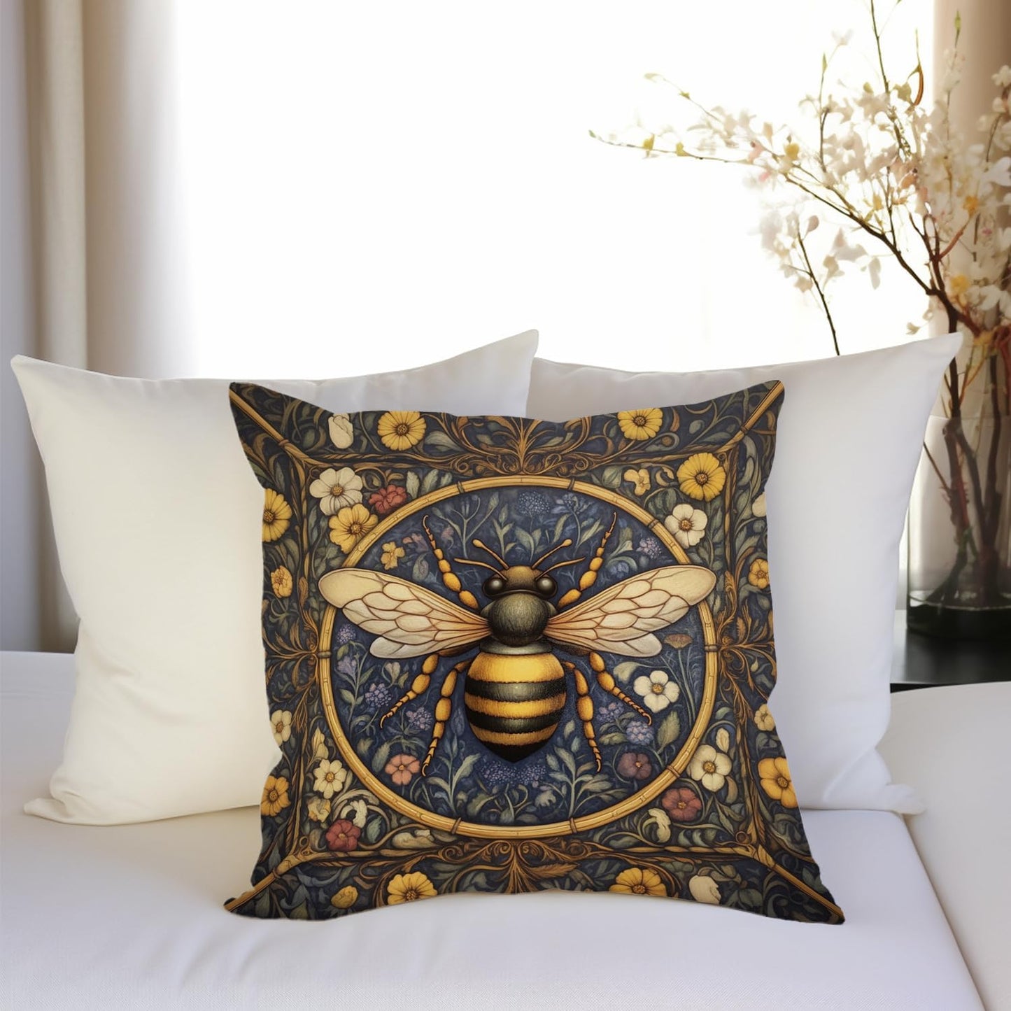 YOU FOUND ME William Morris Abstract Vintage Floral Velvet Butterfly Design Throw Pillow Covers Home Decor, Retro Art Deco Pillowcase Cushion Cover for Bed Sofa Living Room, Square 18x18inch (Bee)