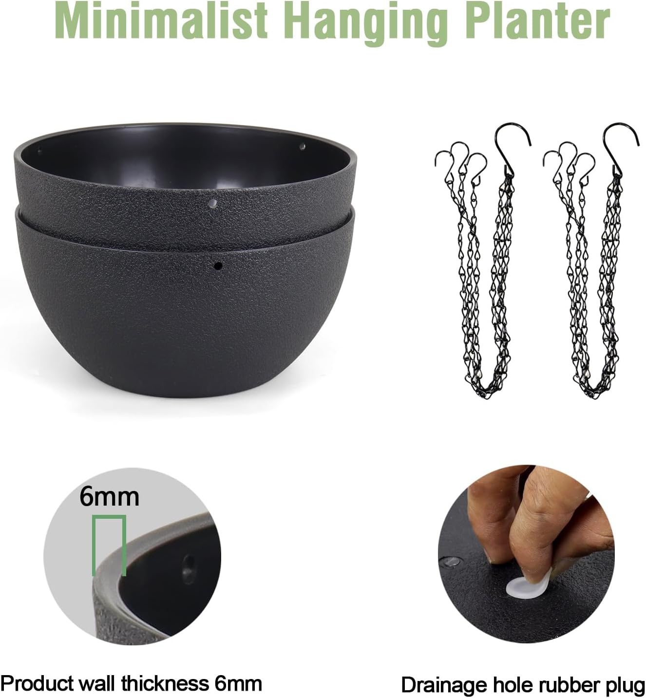 10 inch Hanging Planters for Indoor Outdoor Plants, 2 Pack Hanging Flower Pots with Drainage Holes and Chain for Garden Porch Plants, Round Plastic Hanging Baskets for House Plants, Black