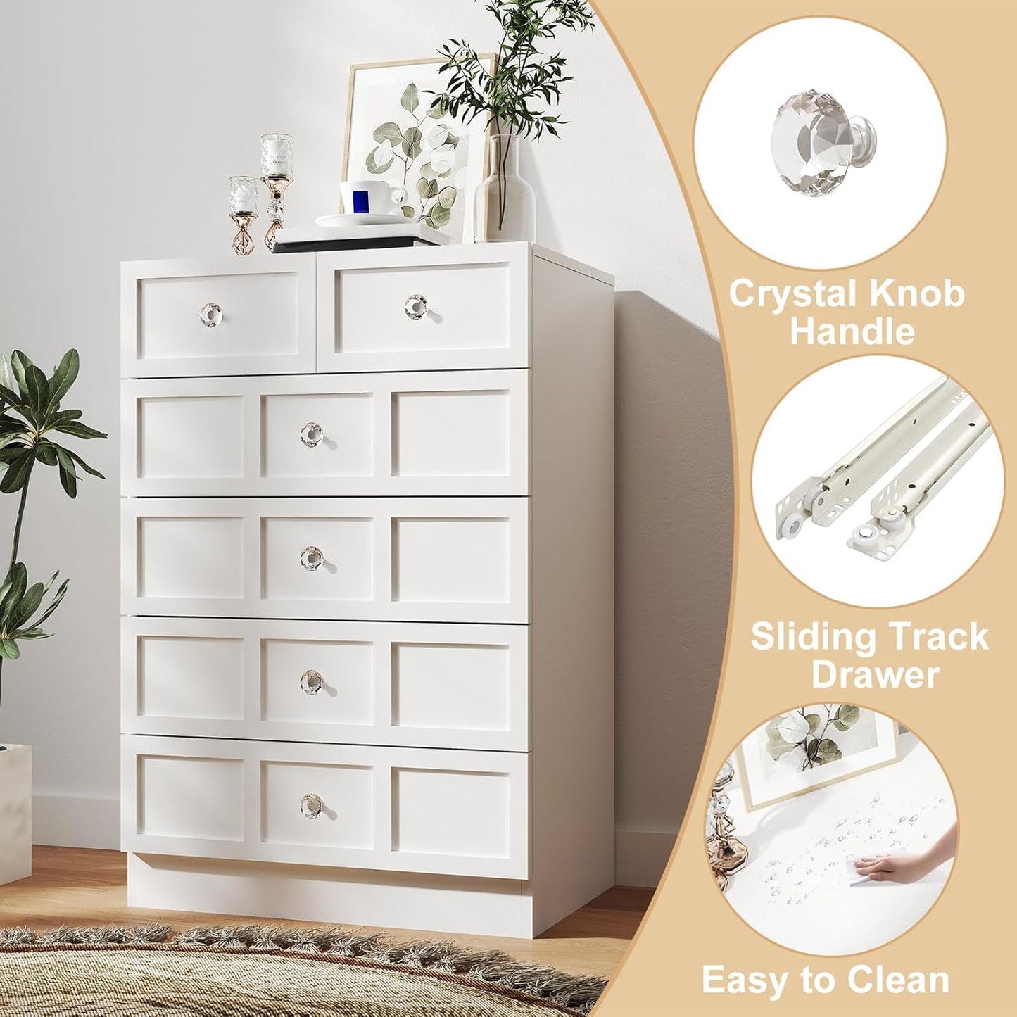 Wood Dresser for Bedroom 6 Drawer: 24" White Chest of Drawers Wood, Modern Fluted Cabinet with Sturdy Storage, Wide Aesthetic Furniture for Room Organization