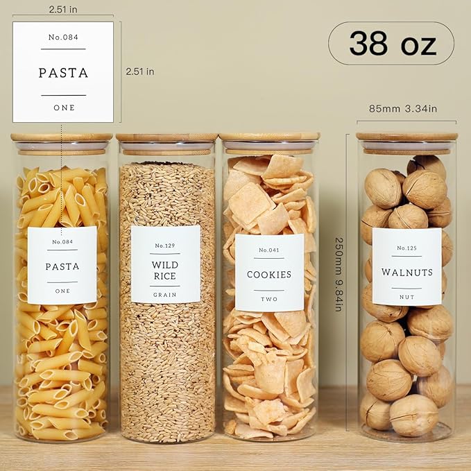 4 Pack Glass Jar with Airtight Wood Lid and White 132 Kichen Pantry Labels Preprinted - 38 Oz Clear Round Glass Food Storage Containers set For Cereal Rice Sugar