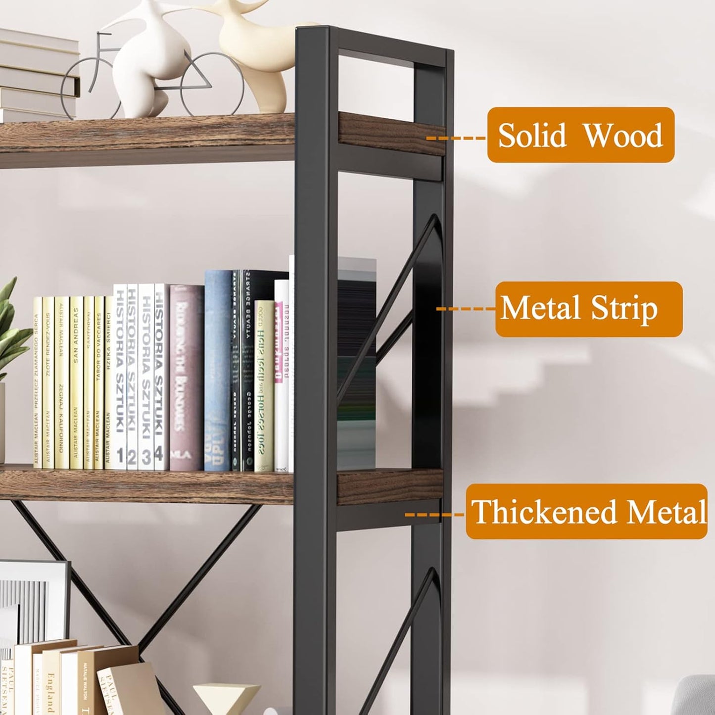 5 Tier Bookshelf Rustic Solid Wood Industrial Style Bookcase,Metal and Real Wood Vintage Bookshelf,Book Shelves Home Office, Retro Brown,Dark Matching credenza(LZ01-05tier) (5Tiers)