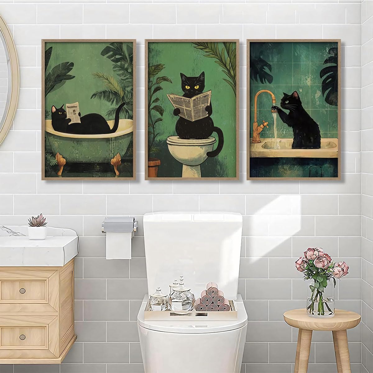 3 Pcs Wooden Framed Cute Black Cat Bathroom Wall Art Modern Style Canvas Prints Funny Posters Pictures Decorative Paintings Artworks Suitable for Living Room Bedroom Bathroom Gallery Style Design 16x24 In
