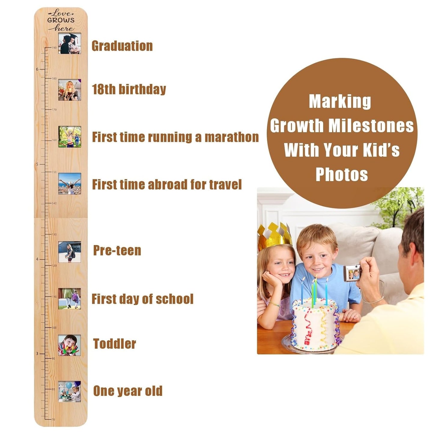 Garybank Solid Wood Growth Chart for Kids with Picture Frames, Height Measurement Ruler Milestone Markers, Foldable Kids Height Wall Chart, Christmas Keepsake Gift for Toddler Boy Girl Room Wall Decor