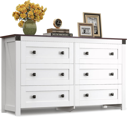 WLIVE Farmhouse 6 Drawer Dresser for Bedroom, 53.07'' Wide Wood Dresser, White Dressers Storage Organizer with Double Rustic Handle, TV Stand for 60 inch TV, Chest of Drawers for Living Room, Hallway