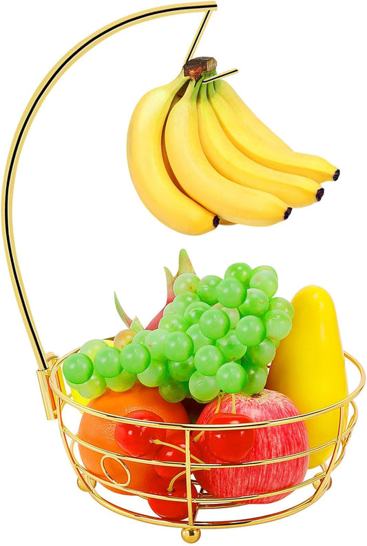 Livabber Countertop Fruit Basket Bowl with Banana Hanger, Modern Standing Fruit Vegetable Bowl Storage, with Banana Tree Holder for Kitchen Dinning Table (Round Metal, Gold)