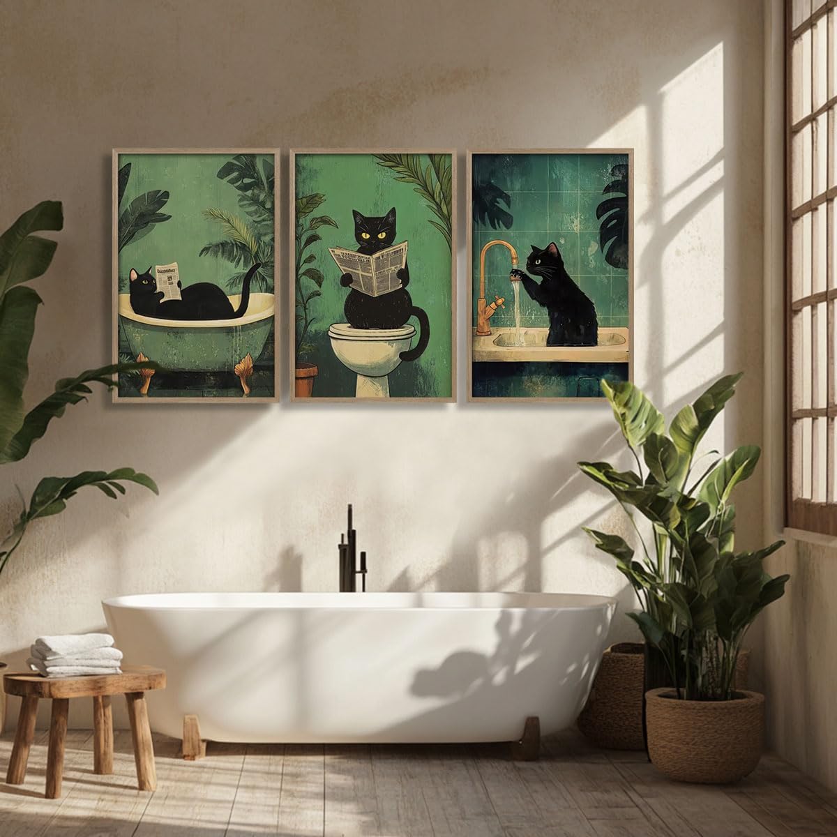 3 Pcs Wooden Framed Cute Black Cat Bathroom Wall Art Modern Style Canvas Prints Funny Posters Pictures Decorative Paintings Artworks Suitable for Living Room Bedroom Bathroom Gallery Style Design 16x24 In