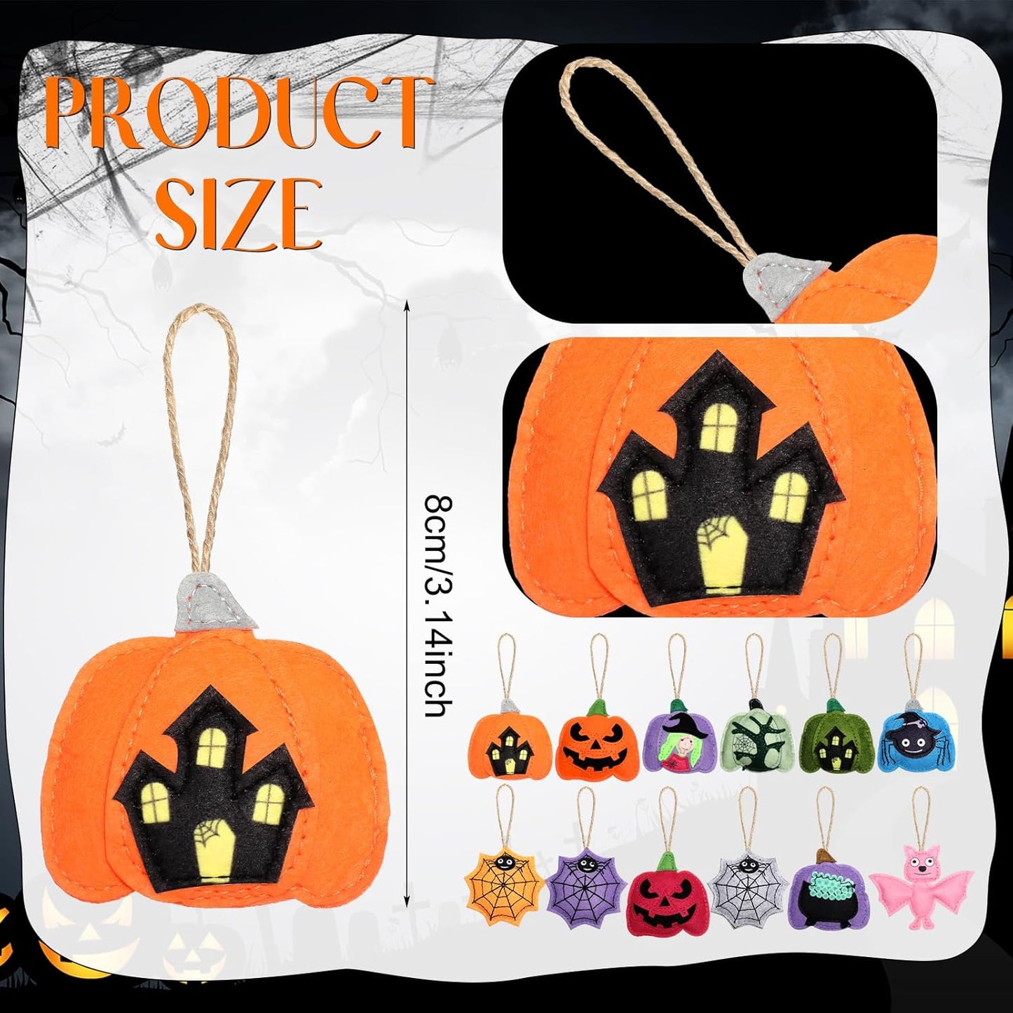 12 Pcs Halloween Felt Ornaments Spooky Pumpkin 3D Hanging Ornaments 3.15 Inch Spider Web Bat Tree Felt Decorations for Tree Halloween Party Decor