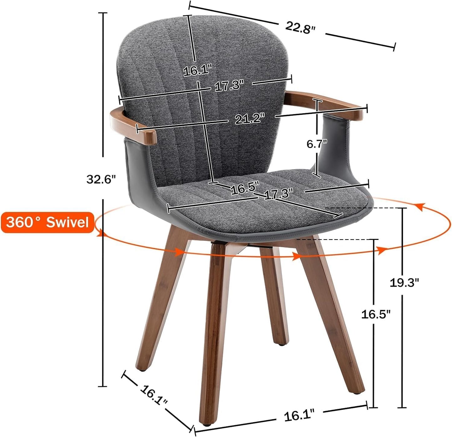 LUNLING Swivel Dining Chairs, Mid Century Modern Gray Fabric+Faux Leather Kitchen Chairs with Arms,Bamboo Legs Side Chairs No Wheels,Accent Chair for Dining Rooms and Offices(Gray Fabric,1PCS)