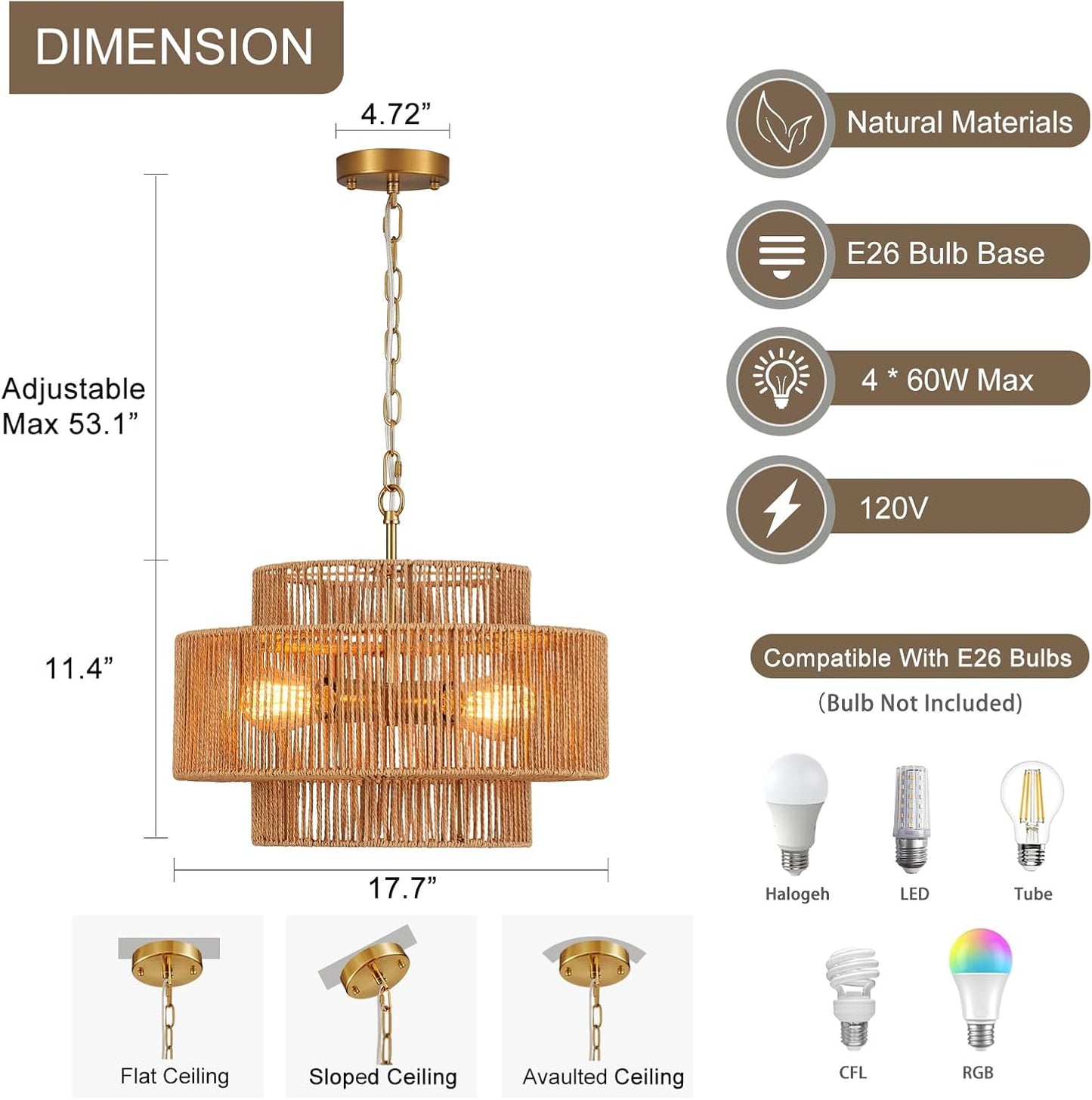 17.7" Boho Rattan Chandelier Light Fixture 4-Light Hand-Woven Bamboo Vintage Farmhouse Chandelier Drum Wicker Golden Chandeliers for Dining Room, Kitchen Island, Bedroom, Foyer