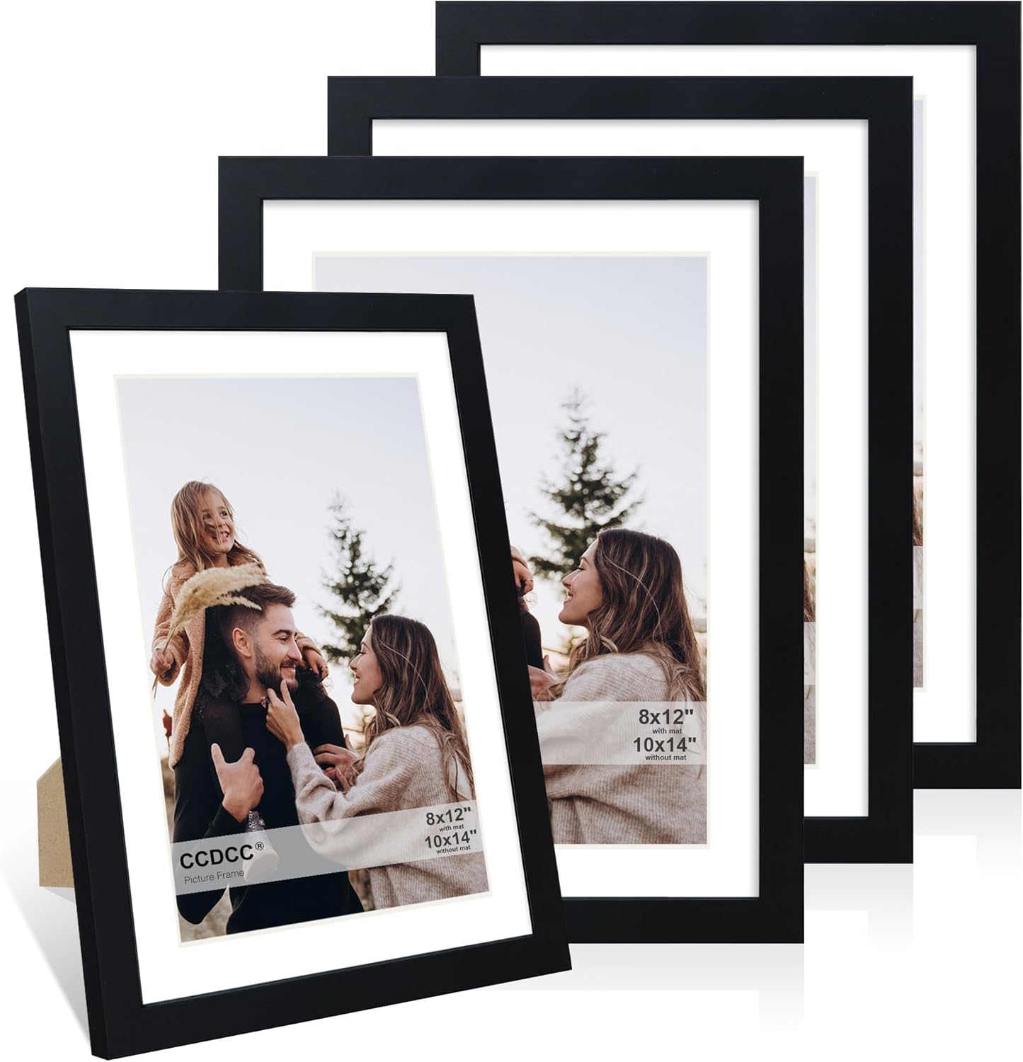 10x14 Picture Frame Set of 4, 10 x 14 Wood Photo Frames with Mat for 8x12 or 30x40cm Diamond Painting Art, Wooden Frame with Real Glass Cover for Wall and Tabletop Display,Black