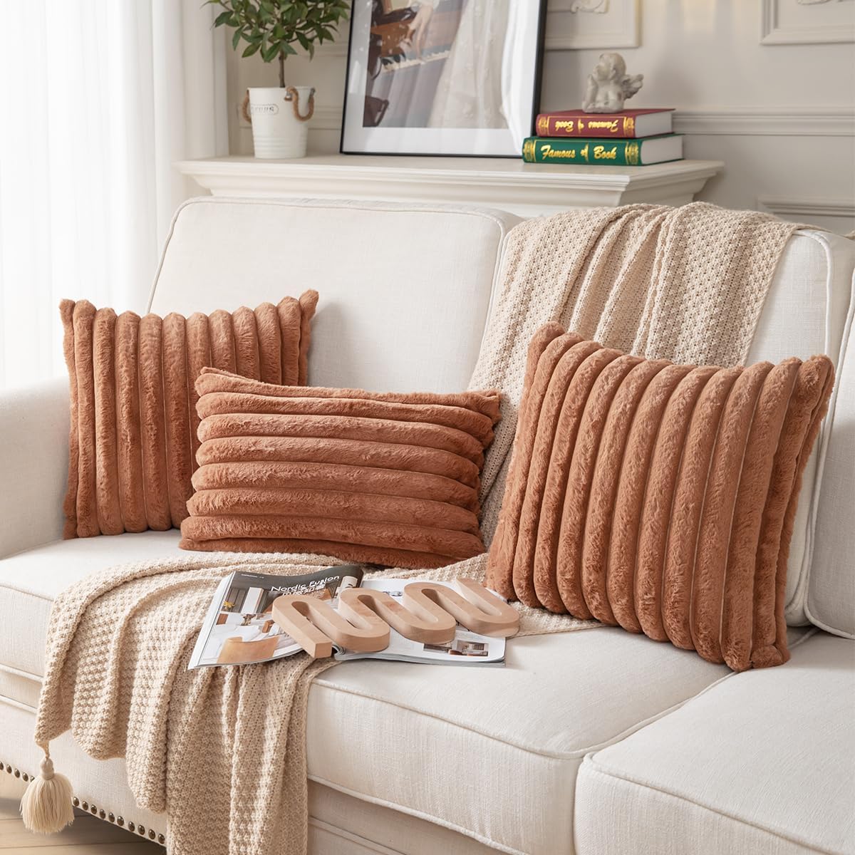 DEELAND Pack of 2,Double-Sided Faux Fur Plush Decorative Throw Pillow Covers Fuzzy Striped Soft Pillowcase Cushion Covers for Sofa Couch Bedroom Brown 16x16 inch