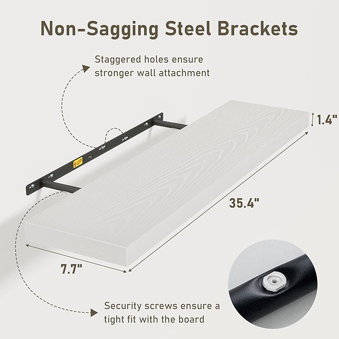 Fun Memories White Floating Shelves 36 Inch Long, Rustic Farmhouse Bathroom Shelves Over Toliet, 36 x 8 Inch Floating Shelves for Wall, Deep Wall Shelf for Living Room, Kitchen, Bedroom, Set of 2