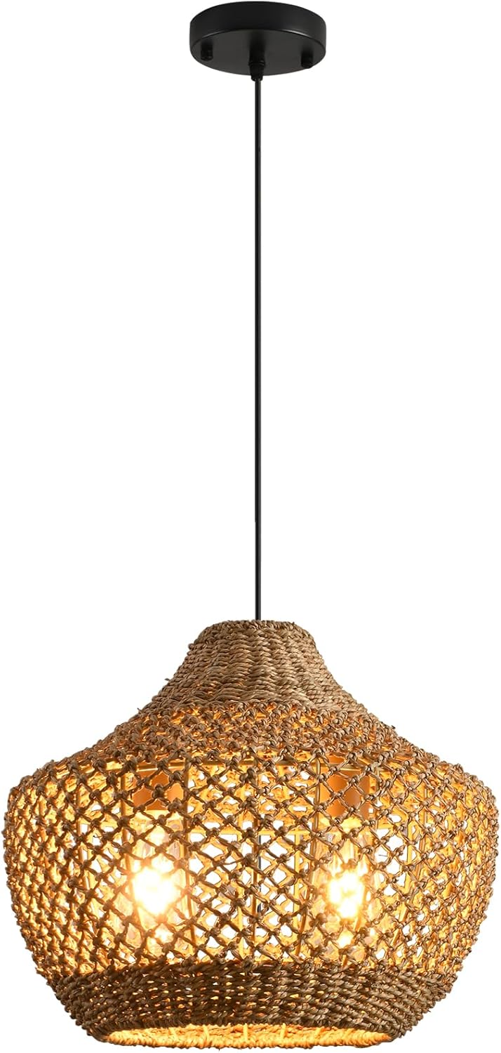 14.96” Rattan Chandelier,2- Light Boho Wicker Pendant Lights, Handmade Woven Suspension Farmhouse Ceiling Fixture for Kitchen Island Bedroom Living Room