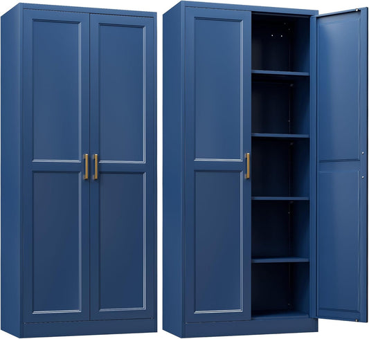 Kitchen Pantry Cabinet,71”Blue Metal Pantry Storage Cabinets with Doors and 4 Adjustable Shelves,Kitchen Cabinet with 2 Gold Handles,Tall Cabinet for Livingroom,