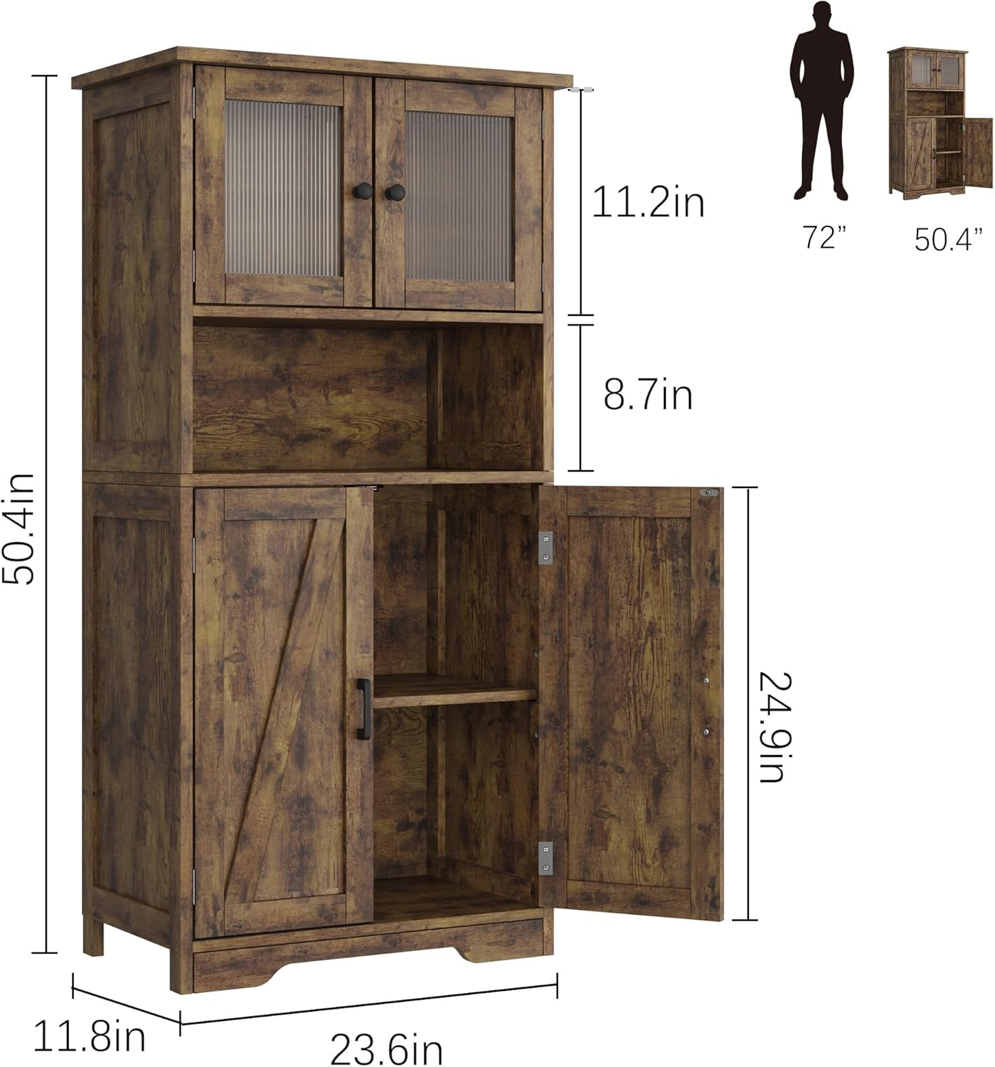 GarveeHome 54in Tall Bathroom Cabinet, Farmhouse Storage Cabinet with Glass Doors and Adjustable Shelves, Freestanding Kitchen Pantry Cabinets, Cupboard for Living Room, Dining Room, Rustic Brown