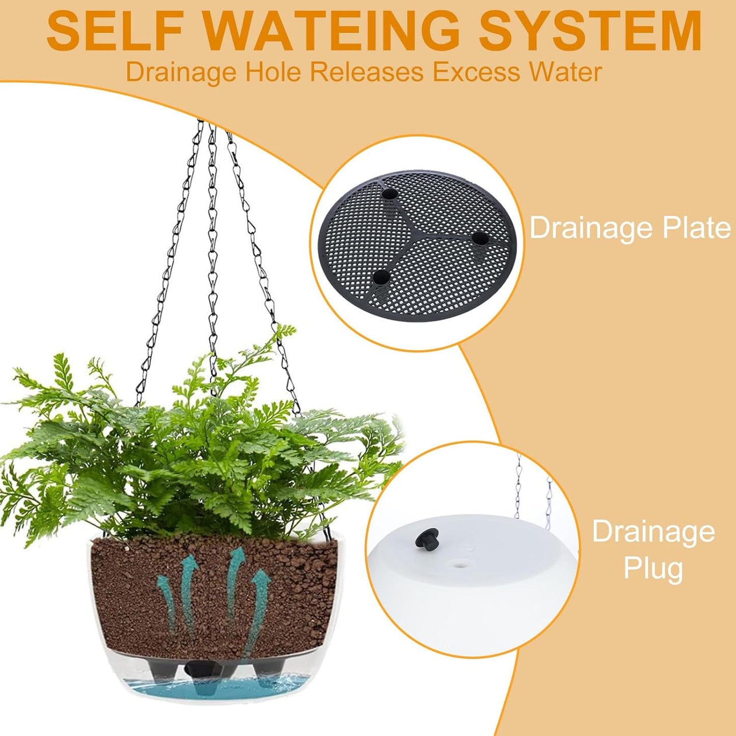 2 Packs Hanging Planters Basket for Outdoor Plants, Solar Powered Self Watering Black Round Plastic Flower Pots with Drainer for Balcony Patio Garden Outdoor Decoration