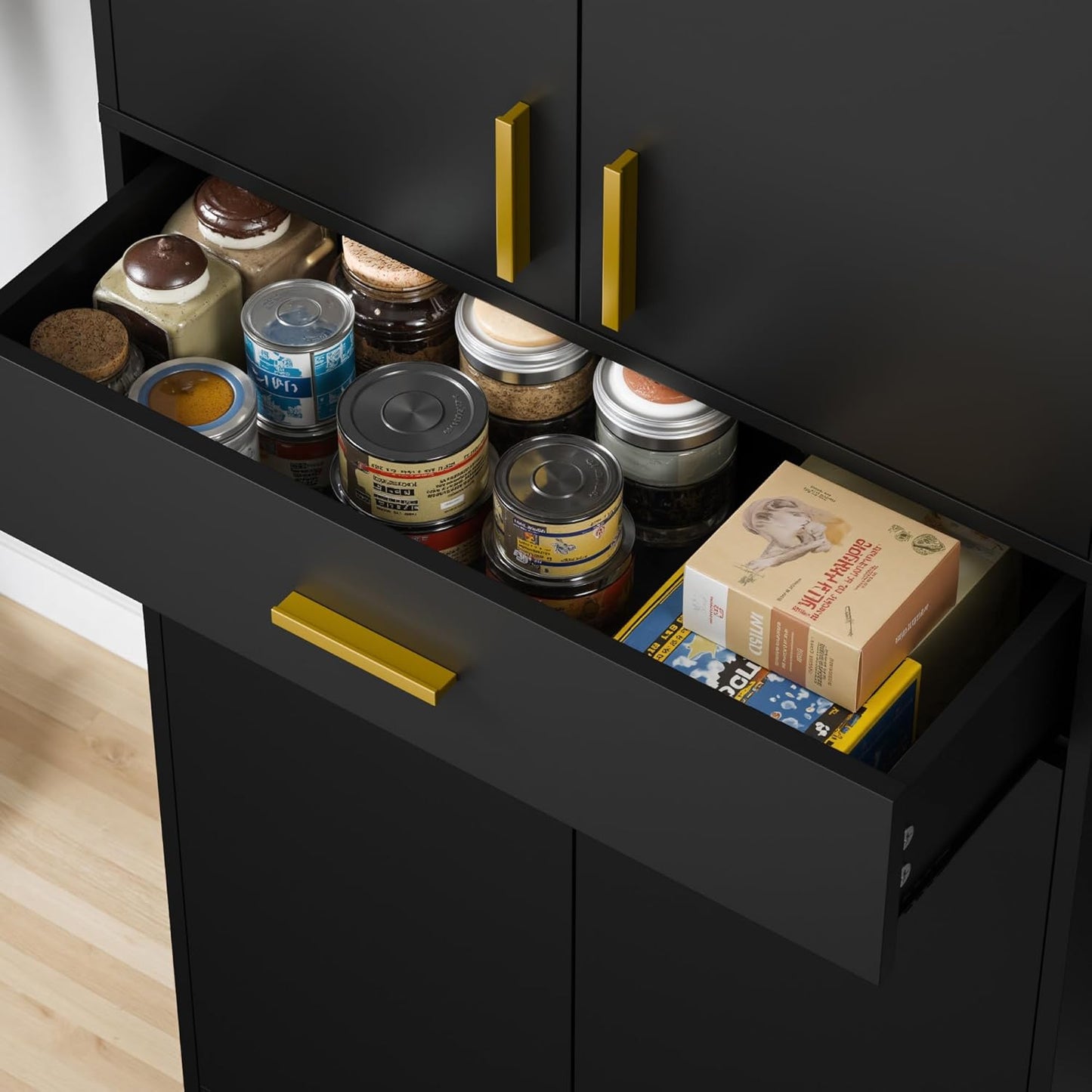 Cozy Castle Pantry Cabinet, 71" Tall Kitchen Storage Cabinet with Doors and Shelves, Freestanding Wood Cupboard Utility Hutch with Drawer for Dining Room Living Room Bathroom Furniture, Black