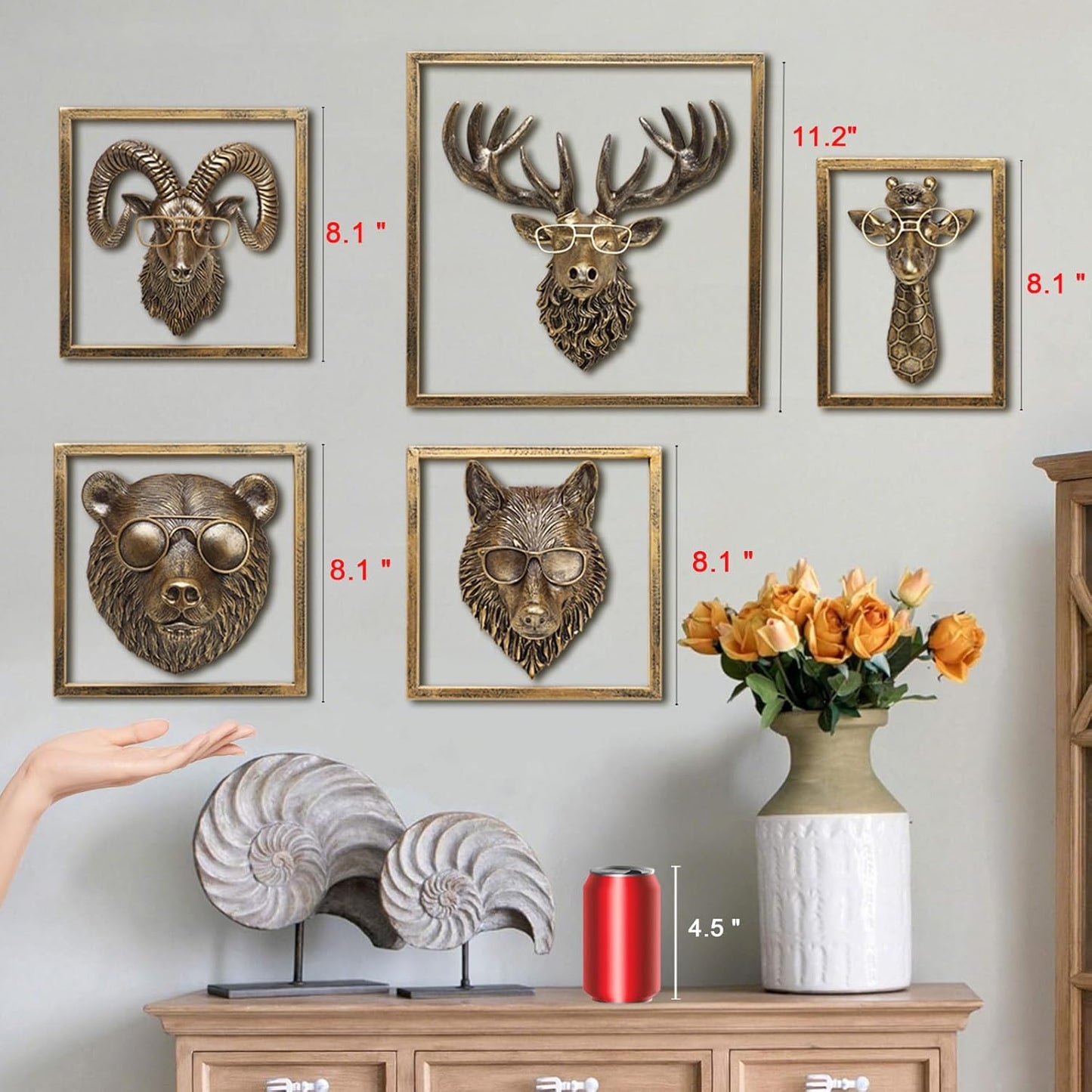 JJALIGHTS Animal Heads Wall Decor Resin Animals Sculptures Head Wall Hanging Decoration Imitation Copper vintage Wall Sculpture for Living Room Bedroom Office(Giraffe,Includes Metal Frame)