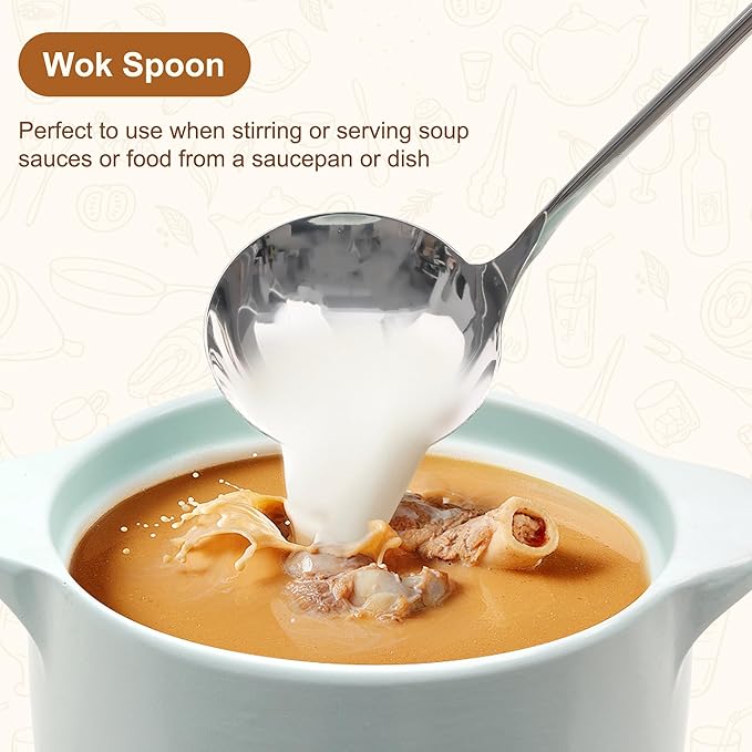 FJNATINH Wok Spatula and Ladle Tool Set - Stainless Steel Wok Tools,Wok Utensil,Mirror Polished Stainless Steel Cooking Utensils 14.6-15.2" Kitchen Utensils Cookware, Pack of 2