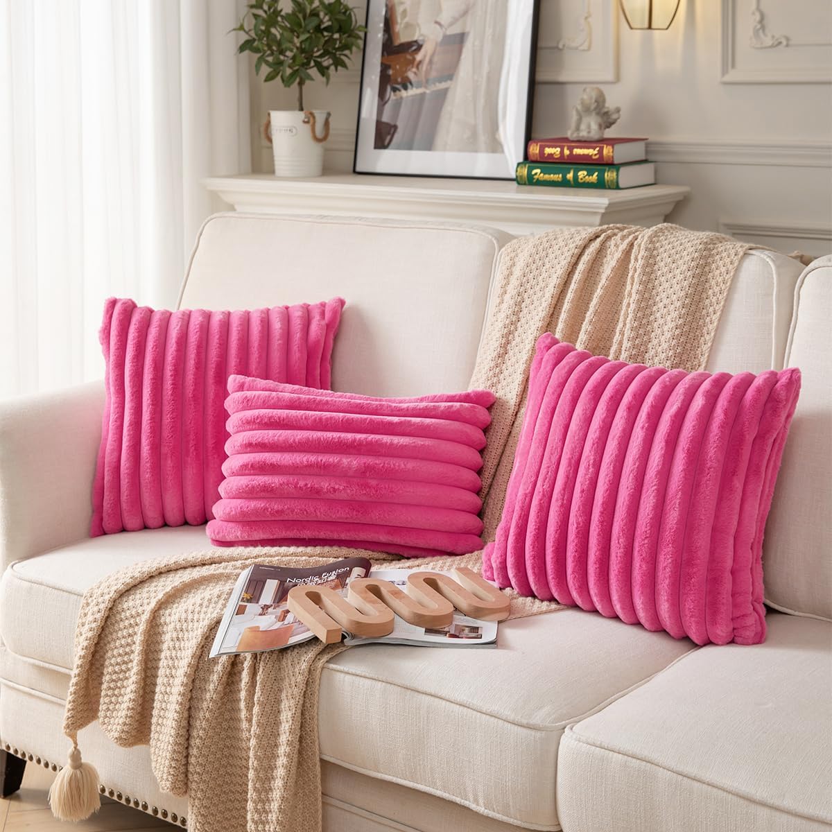 DEELAND Pack of 2,Double-Sided Faux Fur Plush Decorative Throw Pillow Covers Fuzzy Striped Soft Pillowcase Cushion Covers for Sofa Couch Bedroom