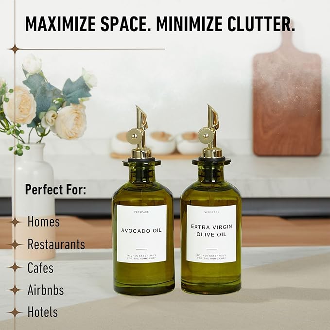 Green Glass Olive Oil Dispenser Bottle For Kitchen By Verpsace,Avocado Oil Dispenser Set, Modern Decor, Gold Kitchen Accessories for Home, Airbnb, Cafe (Gold, Set of 2)