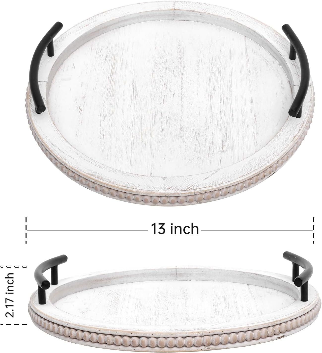 SwallowLiving White Wooden Beaded Serving Tray with Handle Decorative Rustic Whitewashed Tray for Coffee Table Farmhouse Round Tray for Kitchen, Living Room and Bedroom