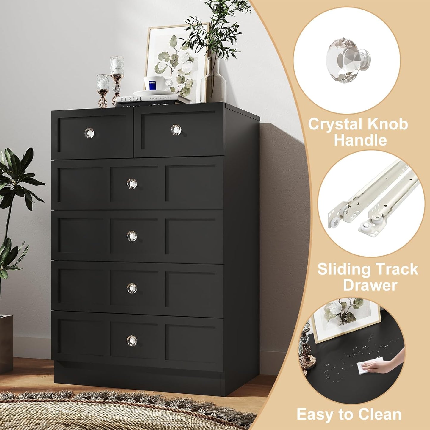 Wood Dresser for Bedroom 6 Drawer: 24" Black Chest of Drawers Wood, Modern Fluted Cabinet with Sturdy Storage, Wide Aesthetic Furniture for Room Organization