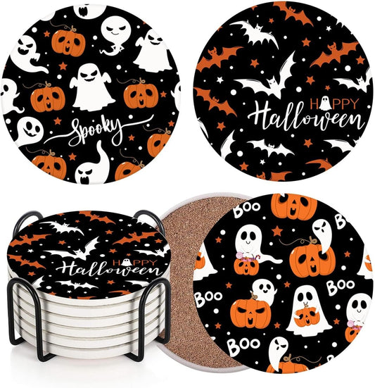 Coaster for Drinks Set of 6, Halloween Ghost Pumpkins Bats Holiday Black Absorbent Round Ceramic Stone Mat, with Cork Base and Metal Holder, Gift for Housewarming Room Bar Decor