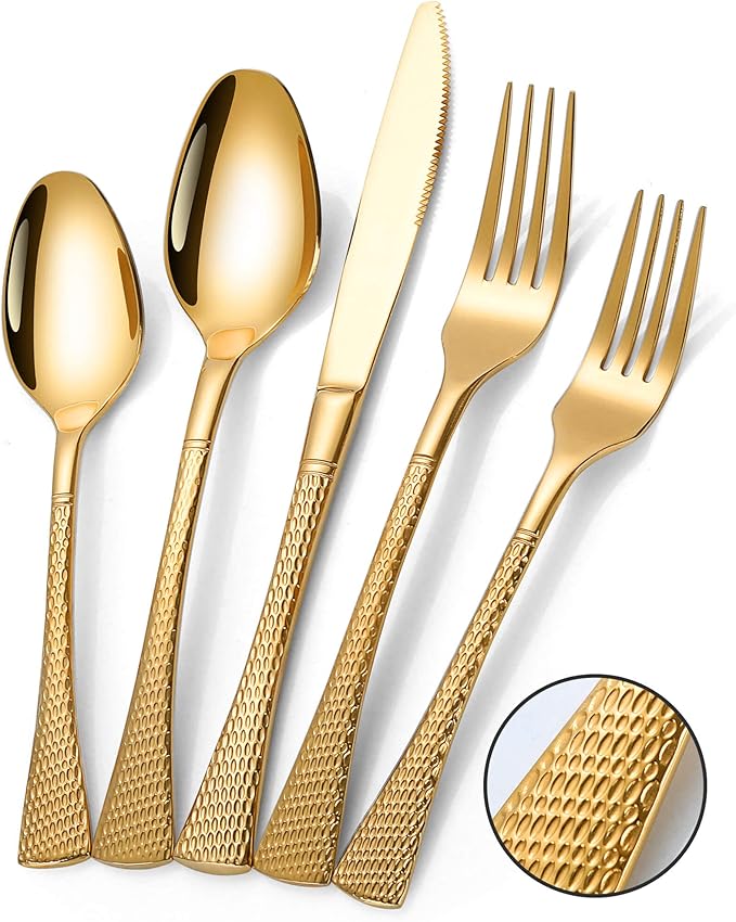 Hammered Gold Silverware Set,20 Piece Modern Flatware Set Service for 4,Mirror Polished Stainless Steel Cutlery Set Utensil Set Tableware Set,Kitchen Knives Forks Spoons Set,Dishwasher Safe