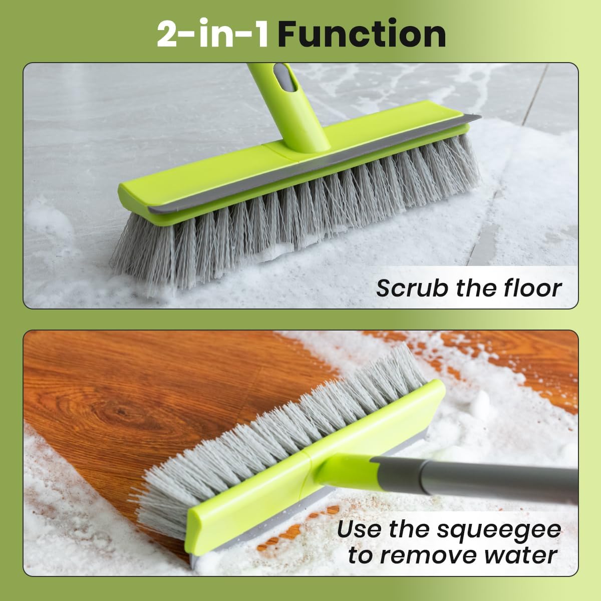 Floor Scrub Brush 2 in 1 Scrape and Stiff Bristle Deck Brush for Cleaning Concrete, Patio, Garage, Kitchen, Carpet and Bathroom 57" Long Handle