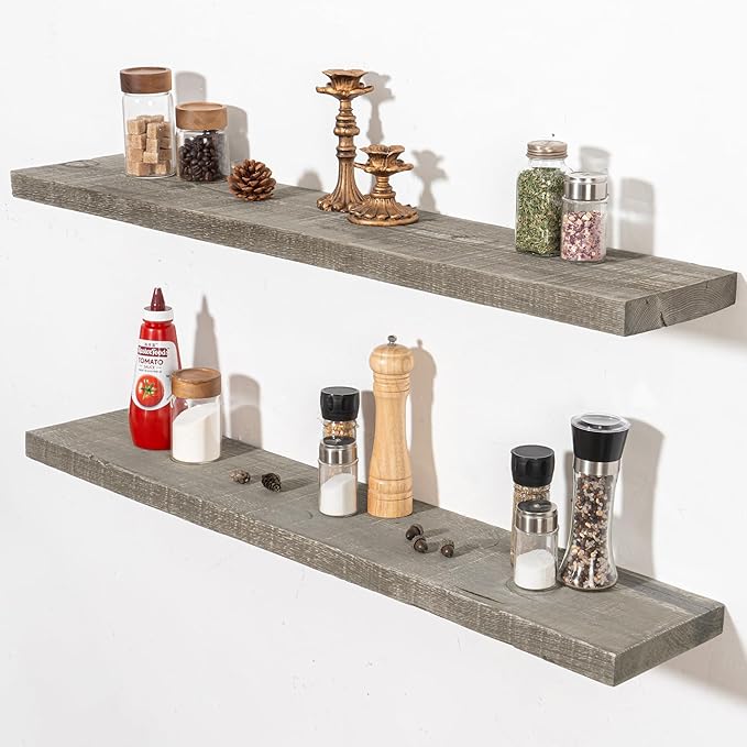 Fun Memories Floating Shelves for Wall Decor, 40"x8" Rustic Reclaimed Wood Shelves, Heavy-Duty Wall Mounted Shelves with Invisible Brackets, Set of 2for Living Room, Bedroom, Kitchen, Grey Finish