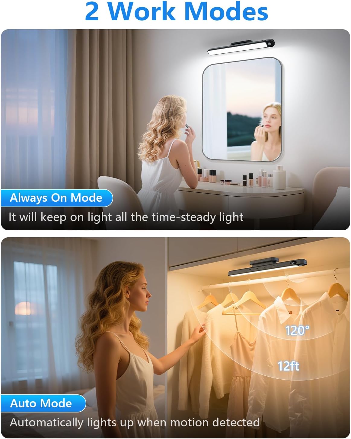 Ferswe 3W Motion Sensor Magnetic Light Bar,Eye-Friendly Rechargeable Closet Lights with Battery Display,2000mAh Vanity Lights for Mirror, Rechargeable Light Bar for Cabinet, Closet, Bathroom and Desk