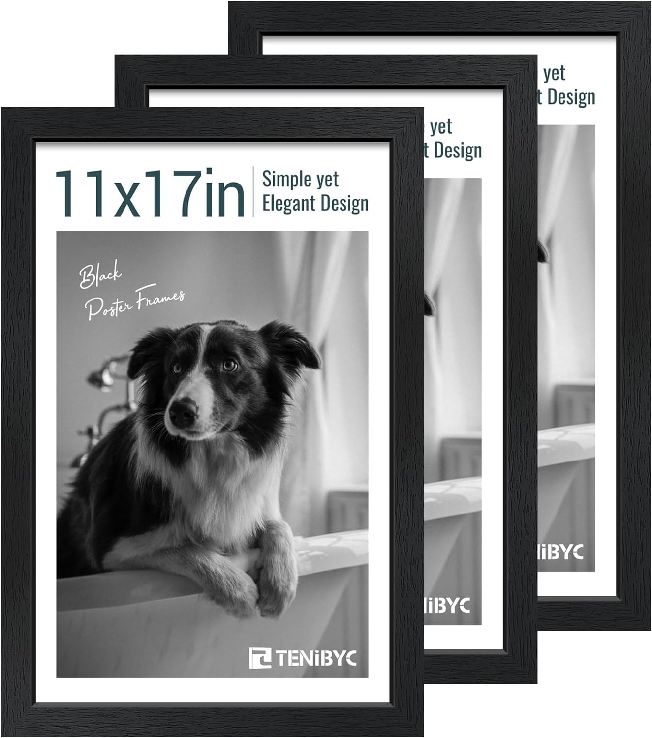 11x17 Picture Frame 3 Pack - Black Woodgrain, Solid Wood & HD Tempered Glass, Wall Gallery Poster Frame