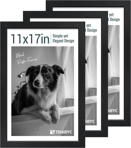 11x17 Picture Frame 3 Pack - Black Woodgrain, Solid Wood & HD Tempered Glass, Wall Gallery Poster Frame