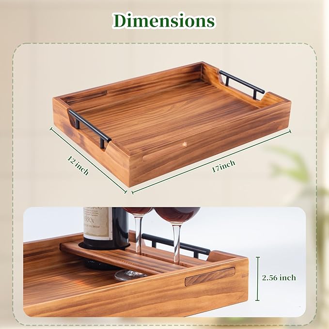 Wood Serving Tray with Handles, 17"x12" Rustic Wooden Trays with Removable Wine Glass Holder Decorative Ottoman Tray for Living Room, Coffee Table, Breakfast Food Trays in Bed