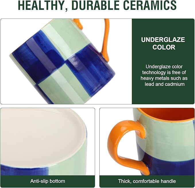 Koja Colorful Hand Painted 16 oz. Porcelain Ceramic Mugs Set. Service for 4.