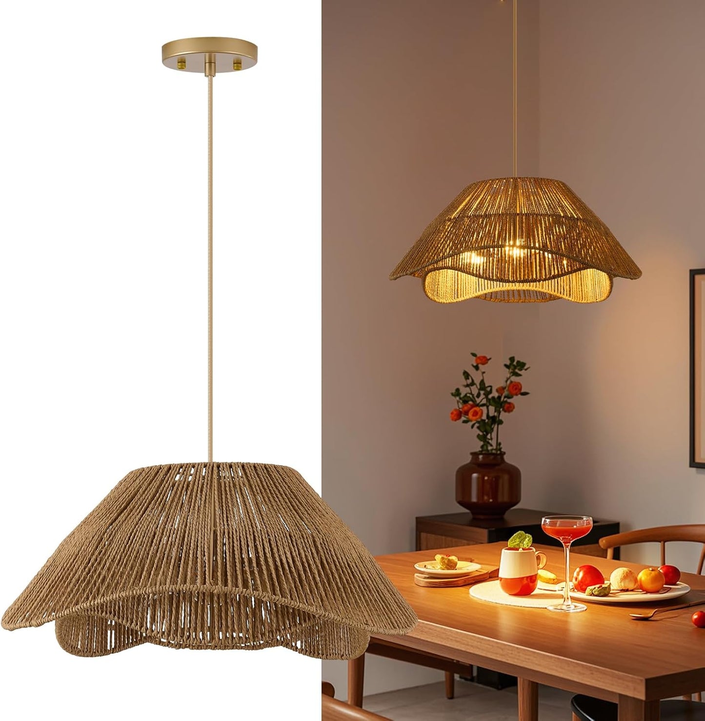 19.68" Large Gold Rattan Pendant Light, 3-Light Farmhouse Chandeliers for Dining Room, Woven Wicker Flush Mount Hanging Light, Adjustable Boho Pendant Lighting for Kitchen Island Bedroom