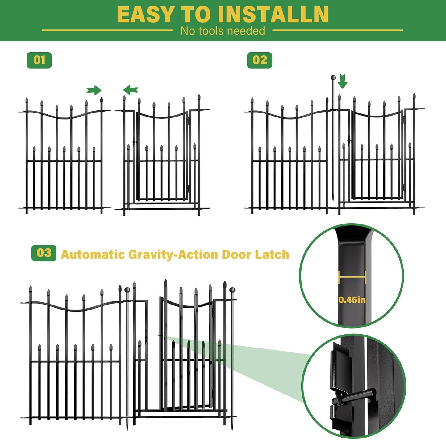 10 Panels No Dig Decorative Garden Fence with Gate, 24in(H) × 22ft(L) Heavy-Duty Rustproof Metal Panels, Outdoor Dog Barrier for Yard & Patio, Landscape, Border| Portable Temporary Fencing